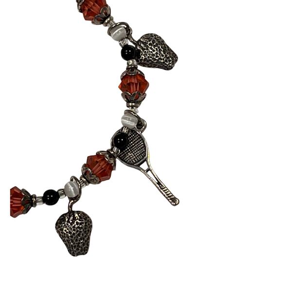 Tennis Charm Bracelet with Rackets & Strawberries Crystal Beads Sports Jewelry - Picture 3 of 6